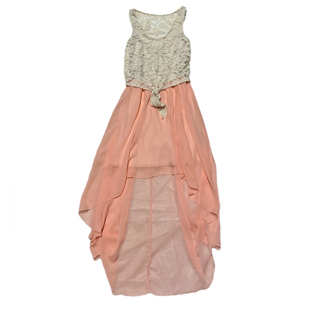 A’Gaci Sleeveless Dress Women M Tan Tie Waist Floral Lace Chiffon High Low Skirt